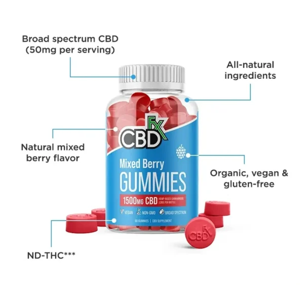 CBDfx, Original Mixed Berry CBD Gummies, Broad Spectrum THC-Free, 60ct, 1500mg CBD